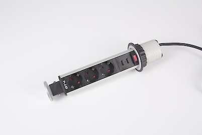 Вбудована розетка GTV вертикальна на 3 вилки, 2 USB, алюміній (вбудований подовжувач)