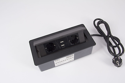 Вбудована розетка GTV горизонтальна на 2 вилки, 2 USB, Soft чорна (вбудований подовжувач)