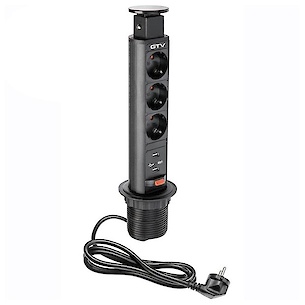 Вбудована розетка GTV вертикальна на 3 вилки, 2USB, чорна (вбудований подовжувач)