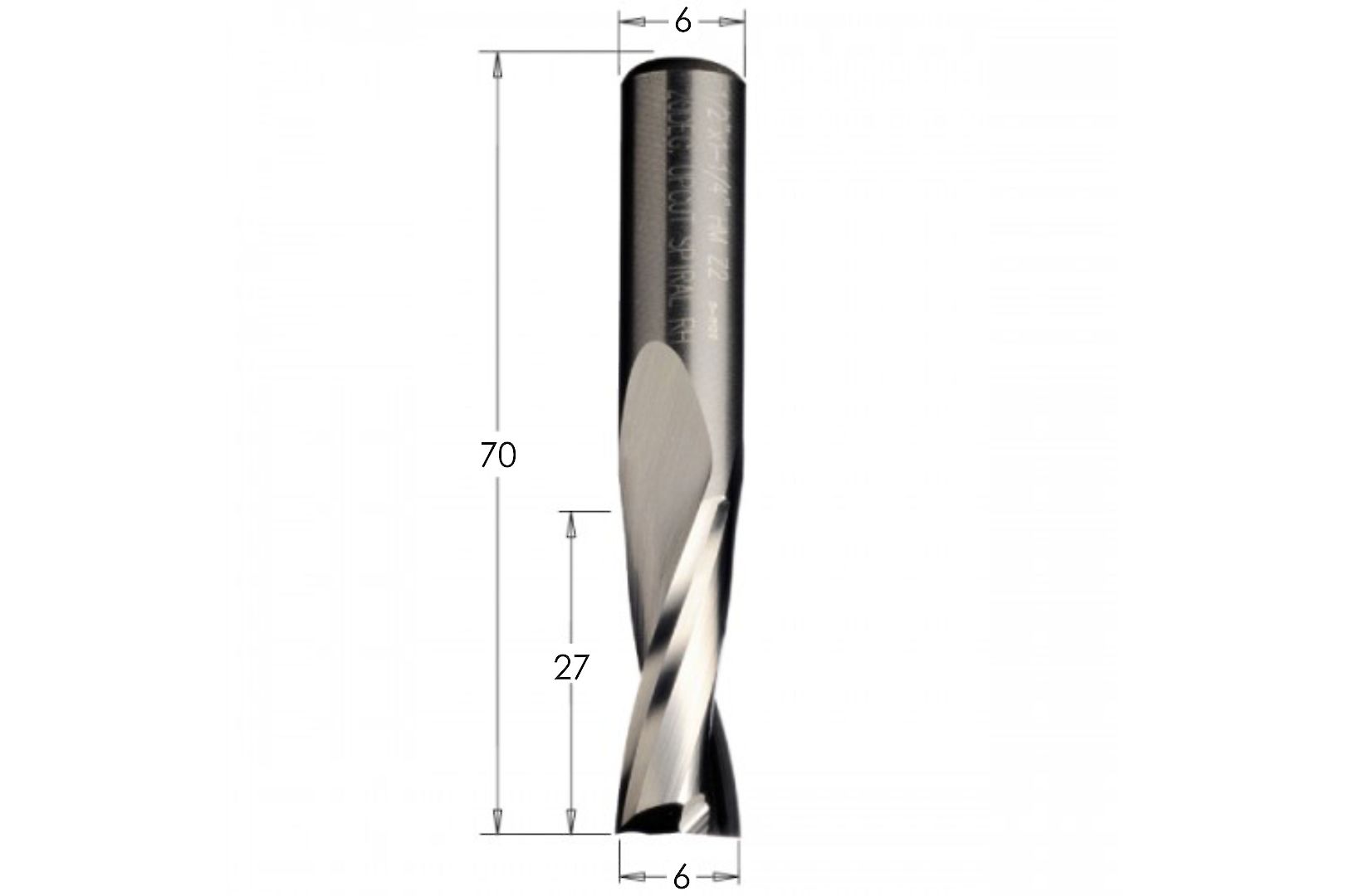 Фреза спиральная, верхний рез СМТ D=6  I=27 L=70 S=6 Z=2