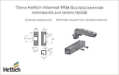 Схема сверления и монтажа петли Hettich Intermat 9936 накладной быстросъемной для алюминиевых фасадов