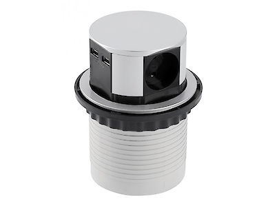 Вбудована розетка GTV COMFORT вертикальна на 3 вилки, 2USB, D100, алюміній (вбудований подовжувач)