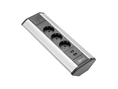 Настільний подовжувач GTV SCHUCKO кутовий на 3 вилки і 2 USB, сріблястий