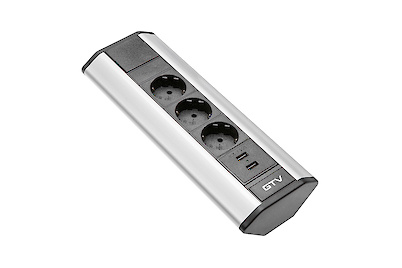 Настільний подовжувач GTV SCHUCKO кутовий на 3 вилки і 2 USB, сріблястий