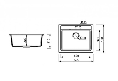 Мийка гранітна  квадратна Adamant PRIZMA 590х500х200, Чорний металік 14