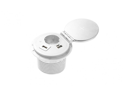 Вбудована розетка GTV Charger PLUS горизонтальна 1 вилка, USB А+С, індукційна зарядка, біла (вбудований подовжувач)