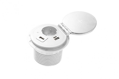 Вбудована розетка GTV Charger PLUS горизонтальна 1 вилка, USB А+С, індукційна зарядка, біла (вбудований подовжувач)