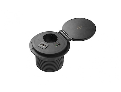 Вбудована розетка GTV Charger PLUS горизонтальна 1 вилка, USB А+С, індукційна зарядка, чорна (вбудований подовжувач)