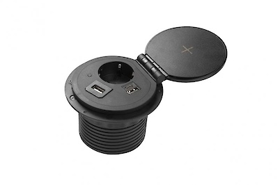 Вбудована розетка GTV Charger PLUS горизонтальна 1 вилка, USB А+С, індукційна зарядка, чорна (вбудований подовжувач)