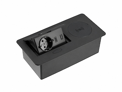 Встраиваемая розетка GTV AVARO PLUS горизонтальная 1 вилка, USB А+С, индукционная зарядка, черная (встраиваемый удлинитель)