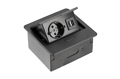 Вбудована розетка GTV AVARO горизонтальна 1 вилка, USB А, чорна (вбудований подовжувач)