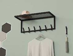 Вешалка металлическая с полкой из сетки для прихожей 700мм, черная