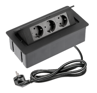 Вбудована розетка GTV горизонтальна Soft new  на 3 вилки Schuko, кабель живлення з вилкою,чорна (вбудований подовжувач)