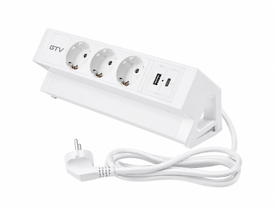 Подовжувач настільний розетка GTV Basco з кріпленням, 3 вилки, USB A+C, кабель 1,5m, білий