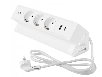 Подовжувач настільний розетка GTV Basco з кріпленням, 3 вилки, USB A+C, кабель 1,5m, білий