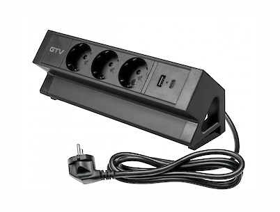Подовжувач настільний розетка GTV Basco з кріпленням, 3 вилки, USB A+C, кабель 1,5m, чорний