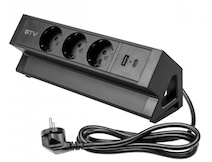 Удлинитель настольный розетка GTV BASCO с креплением, 3 вилки, USB A+C, кабель 1,5m, черный