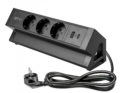 Подовжувач настільний розетка GTV Basco з кріпленням, 3 вилки, USB A+C, кабель 1,5m, чорний