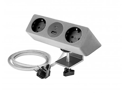 Подовжувач настільний розетка GTV SOFITO з кріпленням, 2 розетки, USB A+C, кабель 1,5m, сірий флок