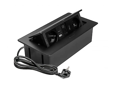 Вбудована розетка GTV MULTISOFT горизонтальна 2 вилки, USB А+С, RJ45, HDMI кабель 1.5м, чорний (вбудований подовжувач)