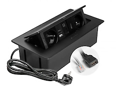 Вбудована розетка GTV горизонтальна MULTISOFT на 2 вилки Schuko, USB A+C, RJ45, HDMI кабель 1,5 м з вилкою, чорна (вбудований подовжувач)  													AE-PBSURH2GS-20