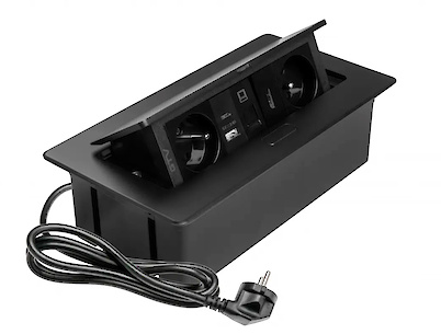 Вбудована розетка GTV MULTISOFT горизонтальна 2 вилки, USB А+С, RJ45, HDMI кабель 1.5м, чорний (вбудований подовжувач)