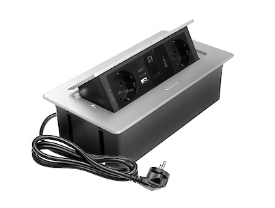 Вбудована розетка GTV MULTISOFT горизонтальна 2 вилки, USB А+С, RJ45, HDMI кабель 1.5м, алюміній (вбудований подовжувач)