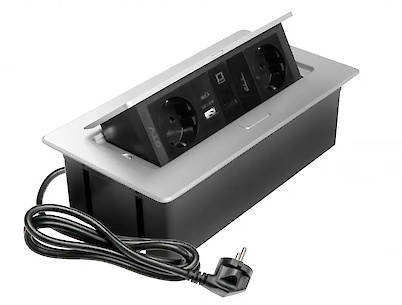 Вбудована розетка GTV MULTISOFT горизонтальна 2 вилки, USB А+С, RJ45, HDMI кабель 1.5м, алюміній (вбудований подовжувач)