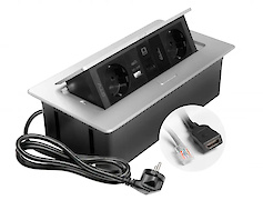 Вбудована розетка GTV горизонтальна MULTISOFT на 2 вилки Schuko, USB A+C, RJ45, HDMI кабель 1,5 м з вилкою, чорна 	AE-PBSURH2GS-53