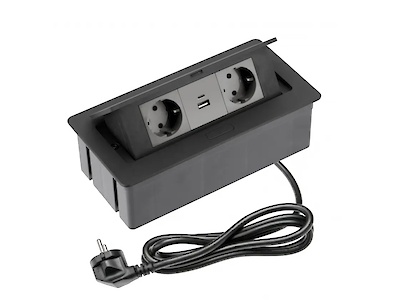 Вбудована розетка GTV SOFT, 2хSHUKO, USB A+С, кабель 1.5 м, чорний